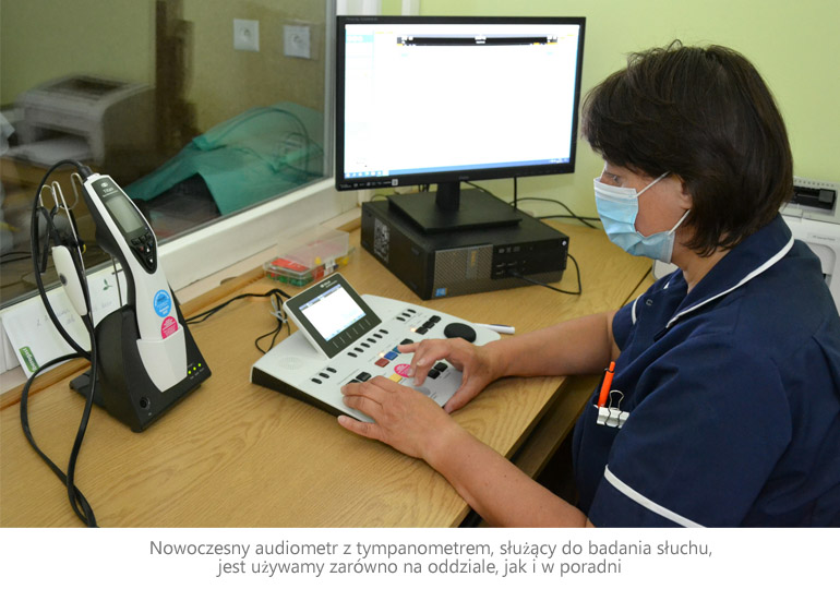 Nowoczesny audiometr z tympanometrem, służący do badania słuchu, jest używamy zarówno na oddziale, jak i w poradni