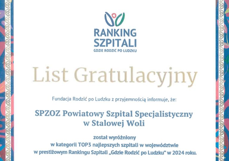 Szpital w Stalowej Woli wyróżniony w rankingu szpitali „Gdzie rodzić po ludzku”